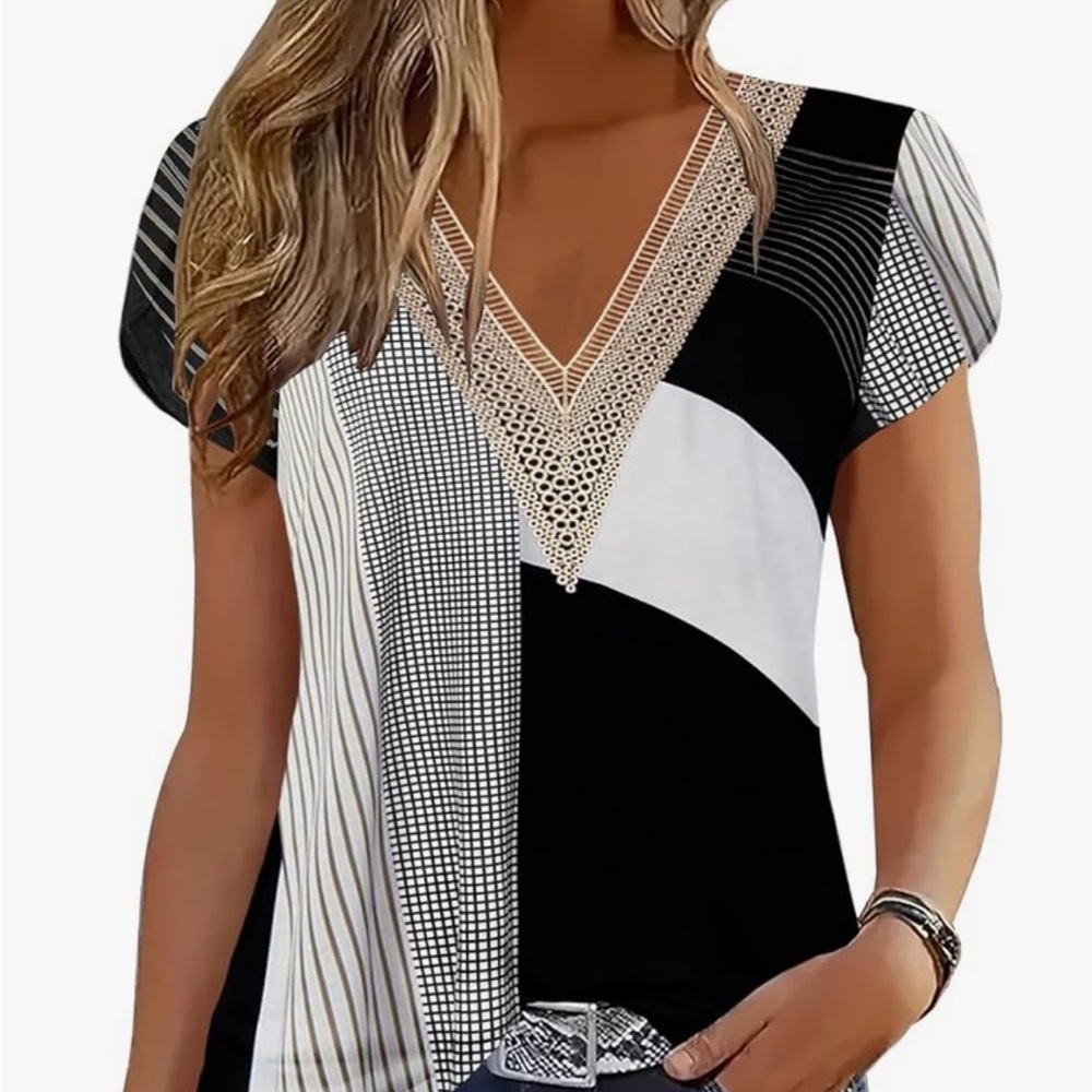 Elegant V-Neck Black and White Blouse